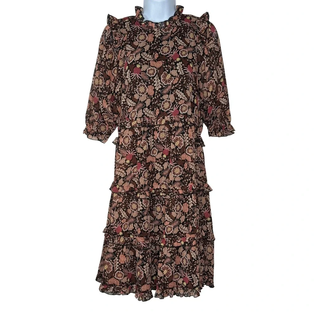 NEW Scotch & Soda Midi Dress Sz 14 Black Floral Tiered Ruffle Whimsigoth Party - Picture 2 of 15